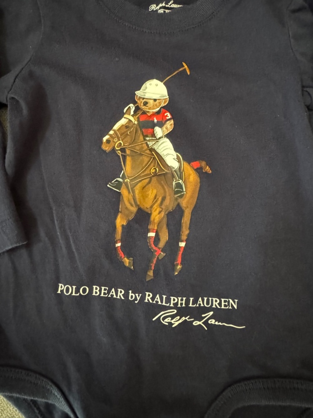 Ralph Lauren Polo Bear Polo Player Bodysuit 3M Navy Long Sleeve Baby Boy One Pie - Picture 3 of 7
